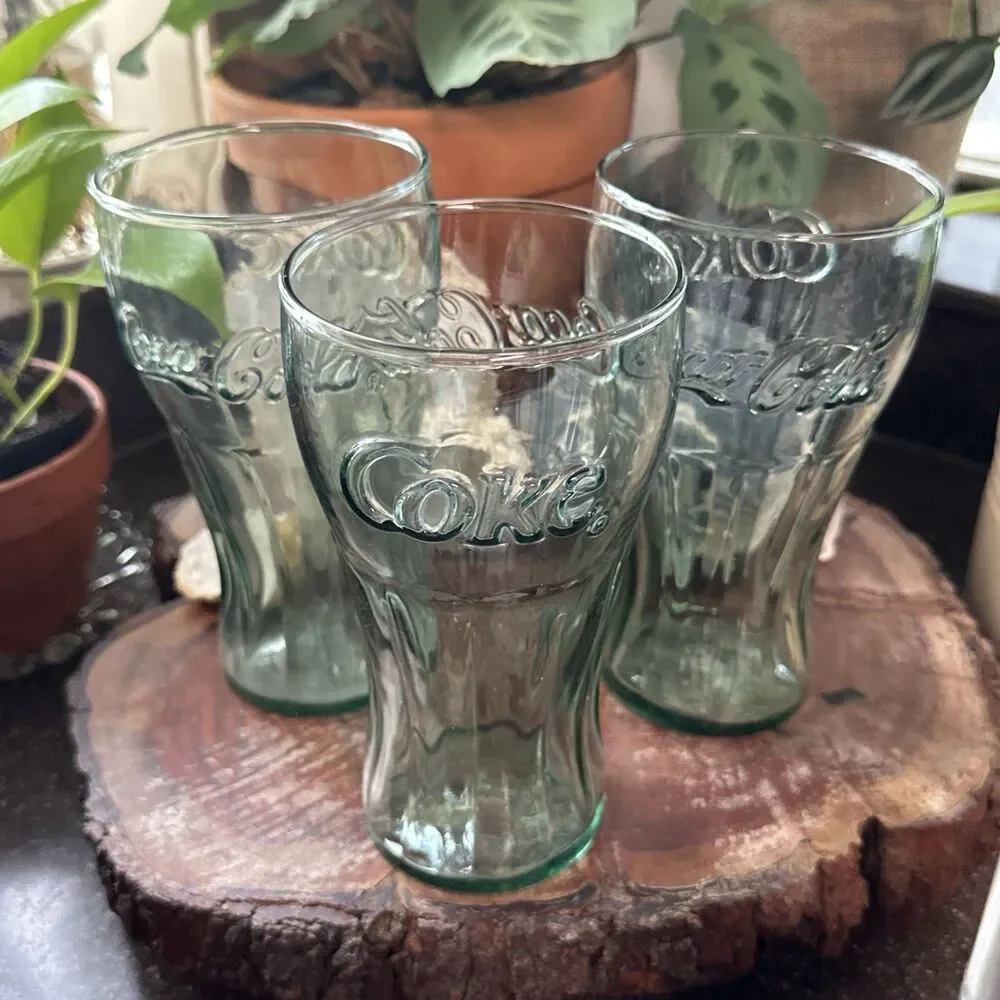 Coca Cola Contour Drinking Glasses Set of 3 Green Embossed Logo 7” Tall Large